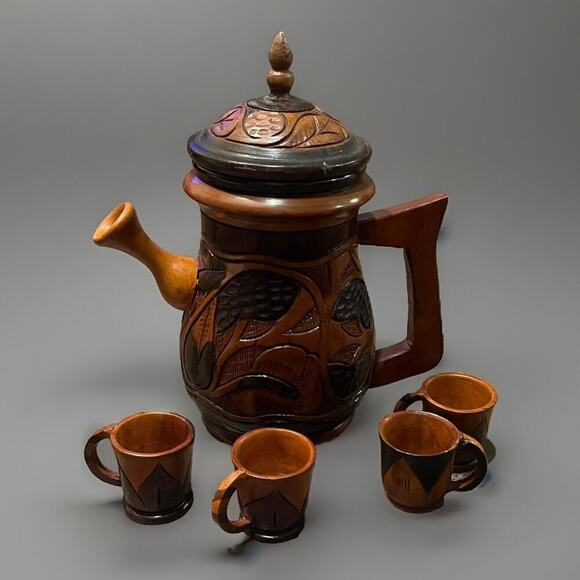 Vintage Hand Carved Teak Wood Tea Pot Pitcher Set w/ 4 cups Lid - Very Nice! - Picture 2 of 9